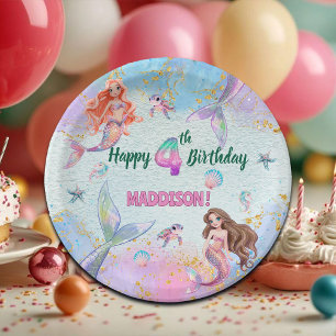 Pink Purple Glitter Mermaids 4th Birthday Party Paper Plate