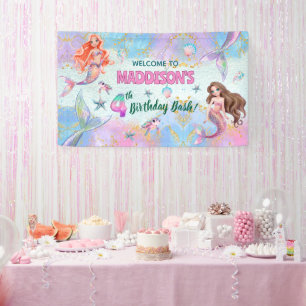 Pink Purple Glitter Mermaids 4th Birthday Welcome Banner