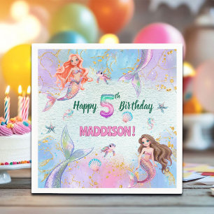 Pink Purple Glitter Mermaids 5th Birthday Party Napkin