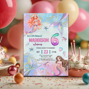 Pink Purple Glitter Mermaids 6th Birthday Party Invitation