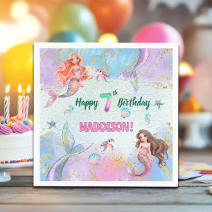 Pink Purple Glitter Mermaids 7th Birthday Party Napkin