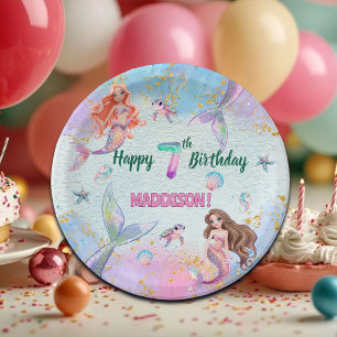 Pink Purple Glitter Mermaids 7th Birthday Party Paper Plate