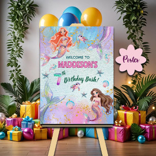 Pink Purple Glitter Mermaids 7th Birthday Welcome Poster