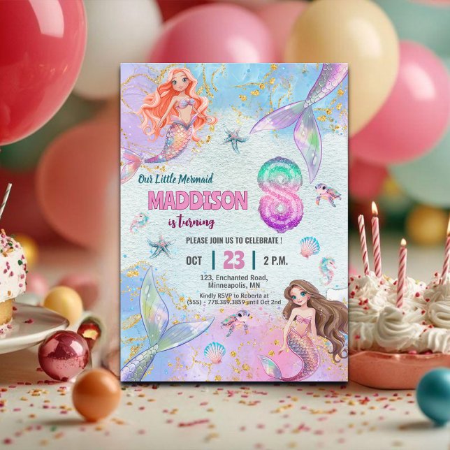 Pink Purple Glitter Mermaids 8th Birthday Party Invitation (Creator Uploaded)