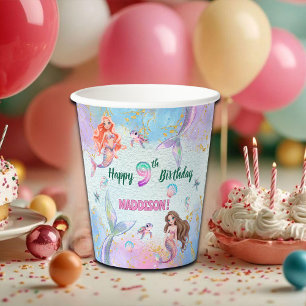 Pink Purple Glitter Mermaids 9th Birthday Party Paper Cups