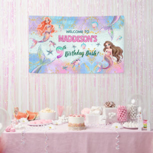Pink Purple Glitter Mermaids 9th Birthday Welcome Banner