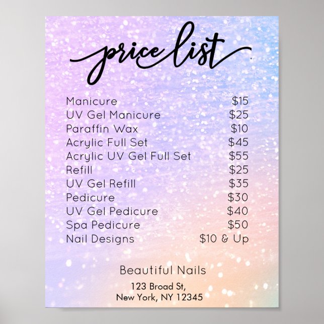 Pink & Purple Glitter Nail Salon Price List Poster (Front)