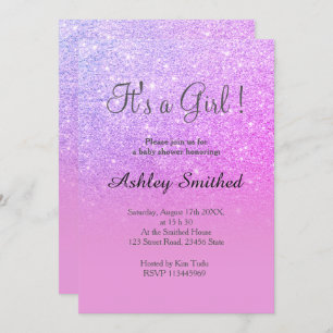 Pink purple glitter pink ombre girl baby shower invitation