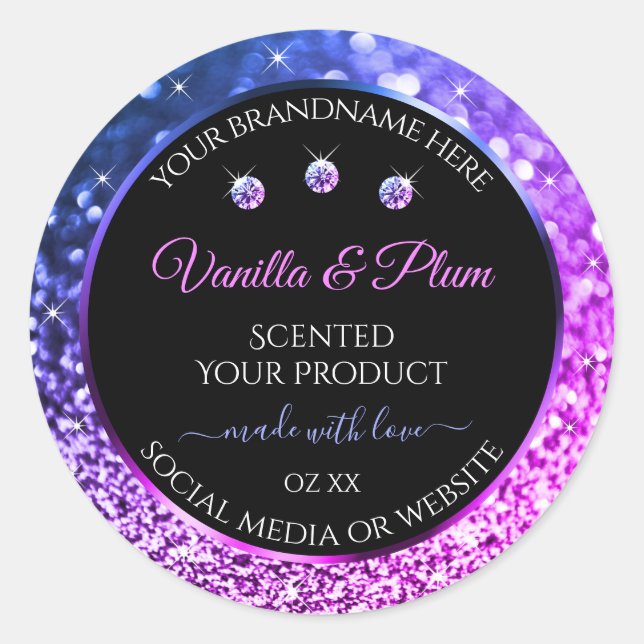 Pink Purple Glitter Product Labels Diamonds Black (Front)