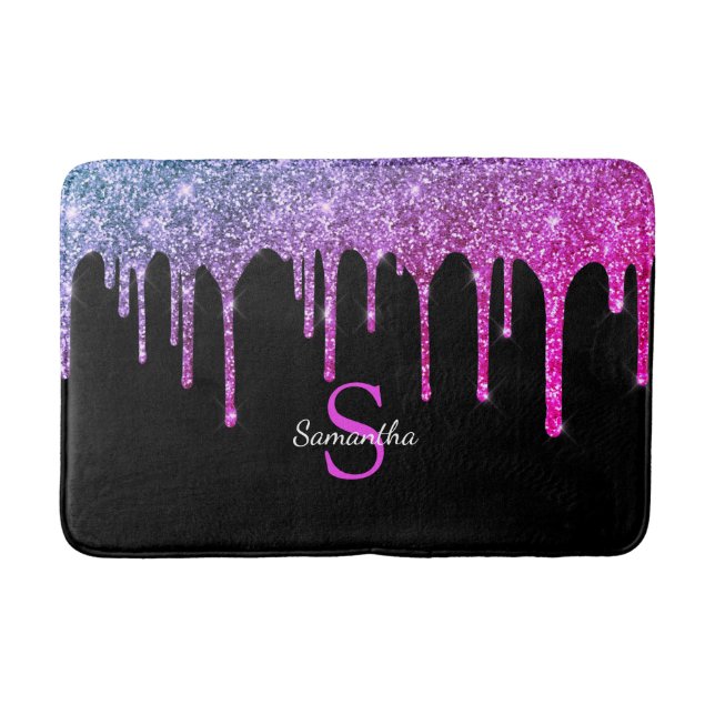 Pink Purple Glitter Sparkle Drips Monogram Name Bath Mat (Front)