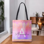 Pink Purple Glitter Sparkle Elegant Monogram Tote Bag<br><div class="desc">Gold, Pink and Purple Rainbow Pastel Ombre Faux Sparkle and Dripping Glitter Metallic Stainless Steel Foil Elegant Monogram Book Bag. This Book Bag can be customised to include your initial and first name and given as a gift for Christmas, Sweet 16, 18th, 21st, 30th, 40th, 50th, or 60th Birthday, Bridal...</div>