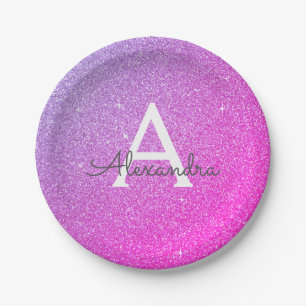 Pink Purple Glitter & Sparkle Monogram Birthday Paper Plate