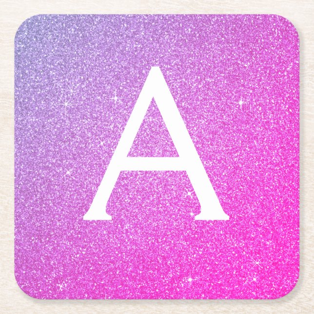 Pink Purple Glitter & Sparkle Monogram Birthday Square Paper Coaster (Front)
