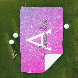 Pink Purple Glitter & Sparkle Monogram Name Golf Towel