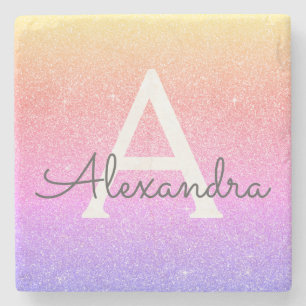 Pink Purple Glitter & Sparkle Monogram Stone Coaster