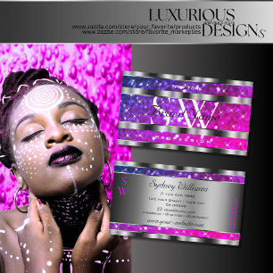 Pink Purple Glitter Stars Silver Decor Monogram Business Card