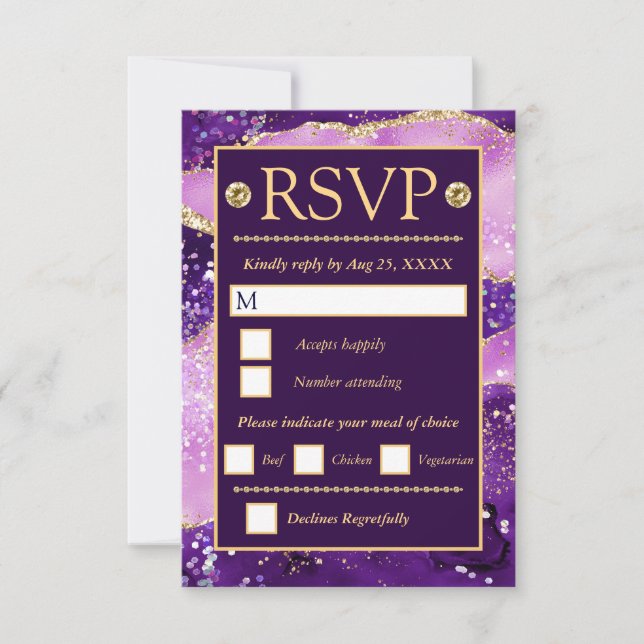 Pink Purple Gold Agate Pattern Wedding RSVP Card (Front)