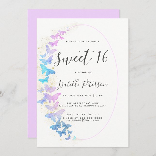 Pink Purple Gold Butterflies Boho Frame Sweet 16 Invitation (Front/Back)