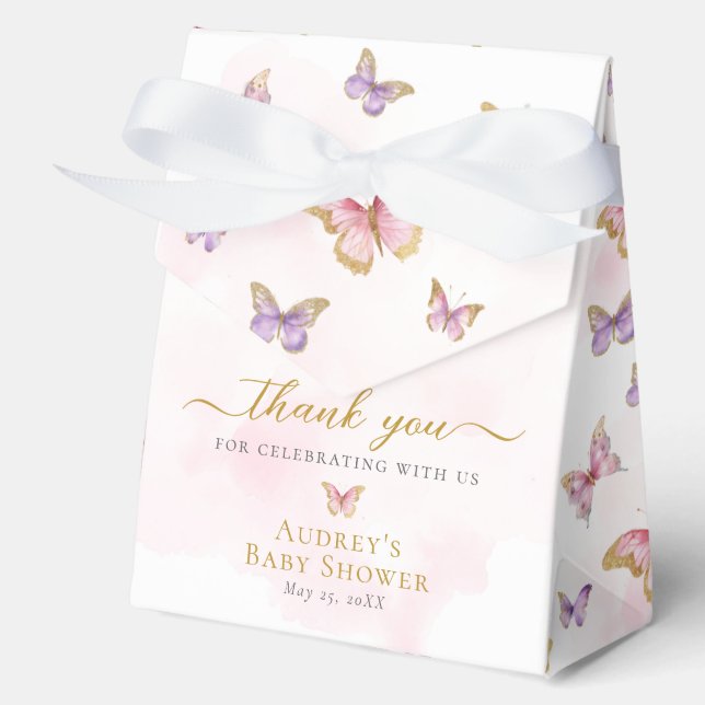 Pink Purple Gold Butterfly Baby Girl Shower Favour Box (Front)