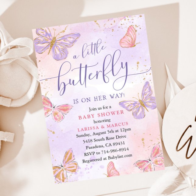 Pink Purple Gold Butterfly Baby Shower Invitation (Creator Uploaded)