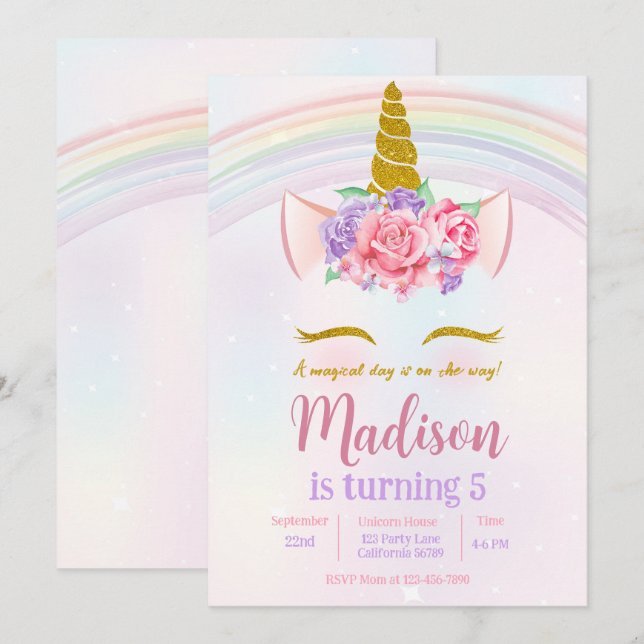 Pink Purple Gold Floral Rainbow Unicorn Party  Invitation (Front/Back)