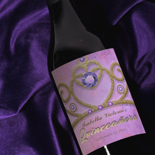Pink Purple Gold Gitter Jeweled Tiara Quinceañera Wine Label
