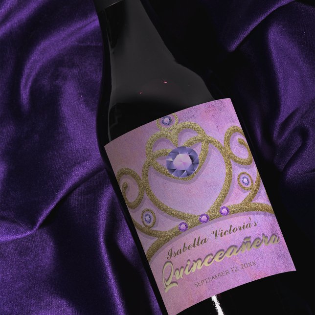 Pink Purple Gold Gitter Jeweled Tiara Quinceañera Wine Label (Creator Uploaded)
