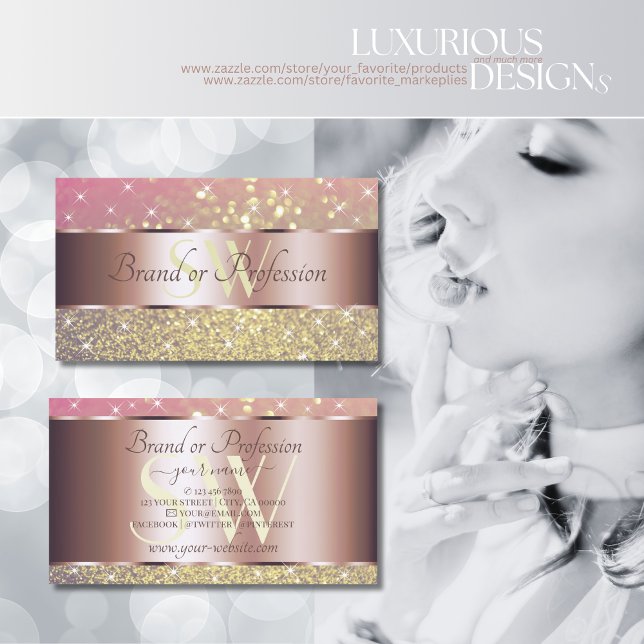 Pink Purple Gold Glitter Stars Monogram Rose Gold Business Card (Creator Uploaded)