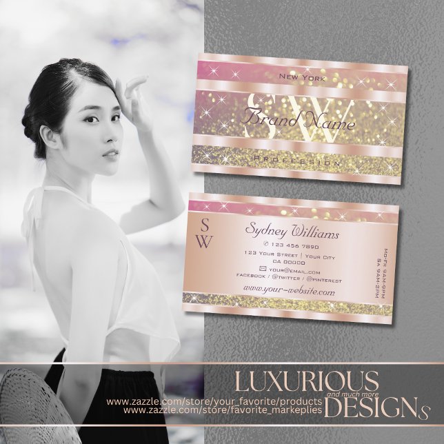 Pink Purple Gold Glitter Stars Monogram Rose Gold Business Card (Creator Uploaded)