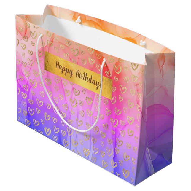 Pink Purple Gold Hearts Custom Happy Birthday Large Gift Bag (Back Angled)