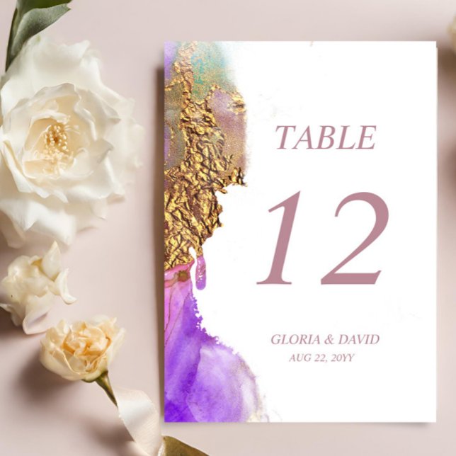 Pink Purple Gold Ink Wedding Table Number card (Creator Uploaded)