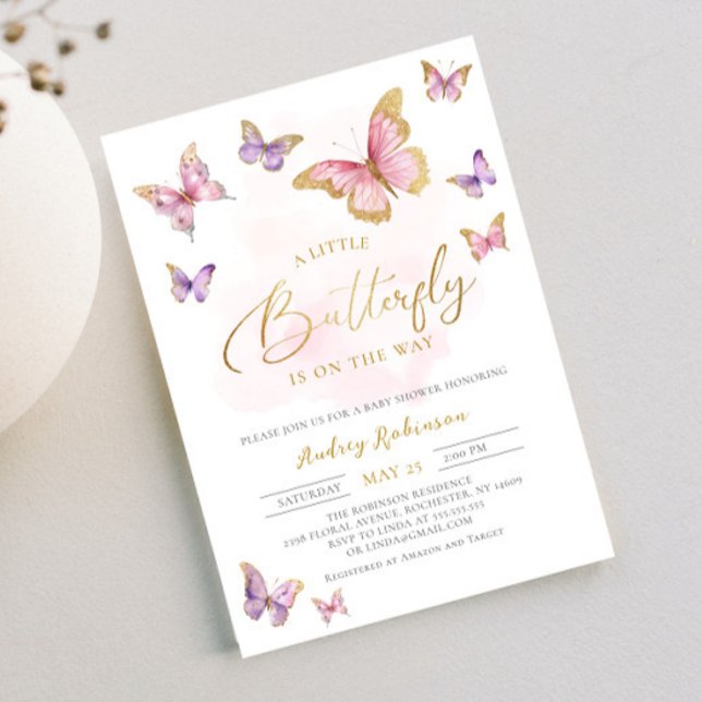 Pink Purple Gold Little Butterfly Girl Baby Shower Invitation (Creator Uploaded)