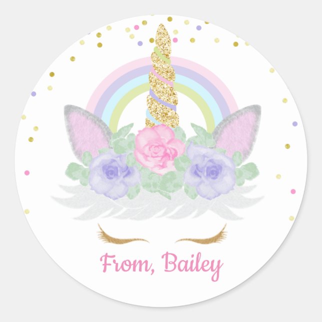 Pink, Purple & Gold Rainbow Unicorn Birthday Classic Round Sticker (Front)
