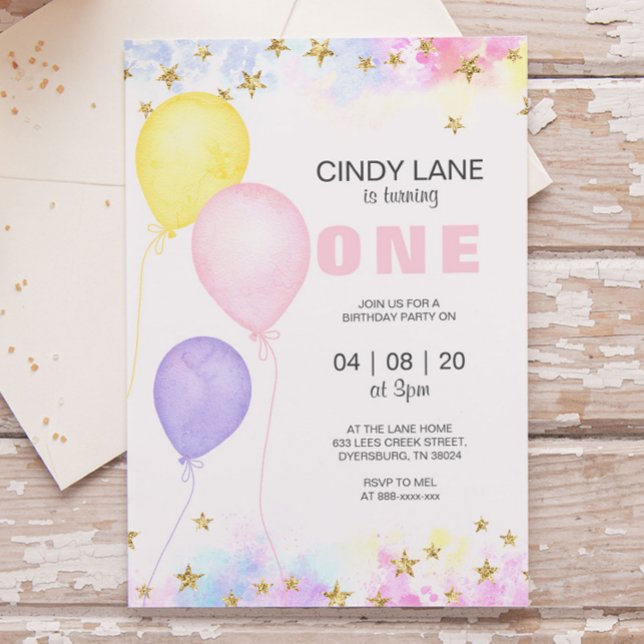 Pink Purple Gold Stars Balloon Birthday Invitation (Creator Uploaded)