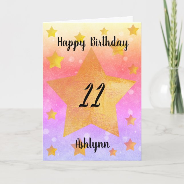 Pink Purple Gold Stars Watercolor 11th Birthday Card (Front)