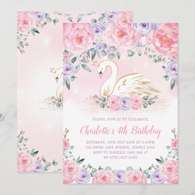 Pink Purple Gold Swan Princess Birthday Party Invitation (Front/Back)