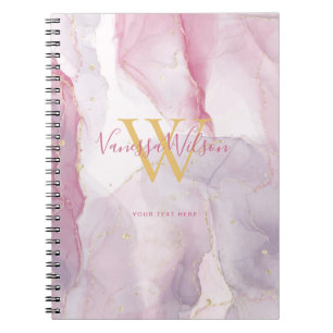 Pink Purple Gold Vein Watercolor Monogram Script Notebook