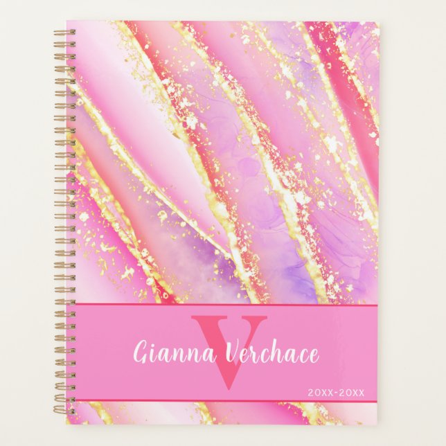 Pink Purple Gold Watercolor Marble Art Planner (Front)