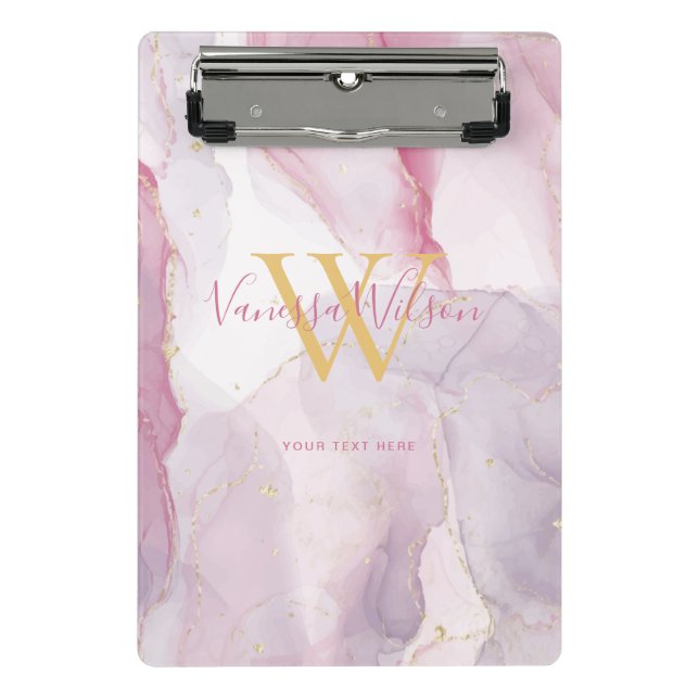 Pink Purple Gold Watercolor Monogram Script Mini Clipboard (Front)