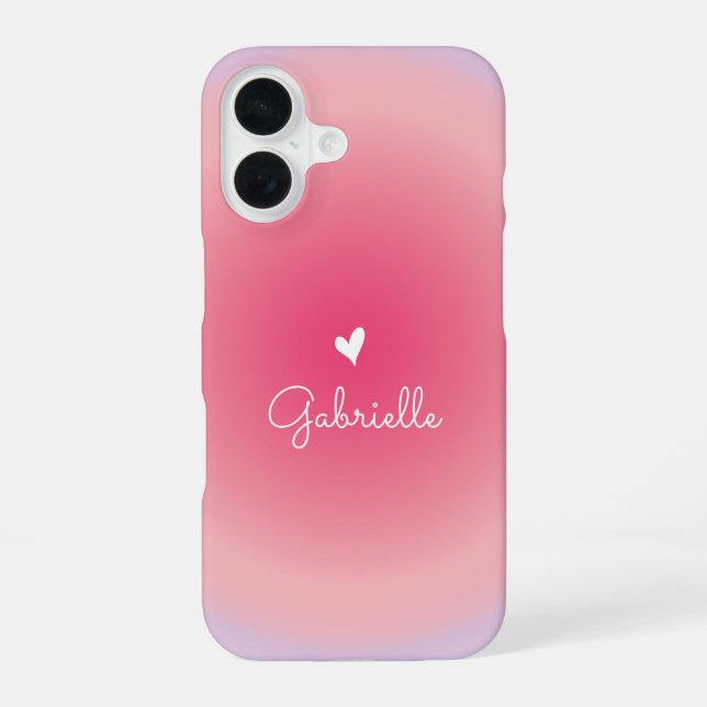 Pink Purple Gradient Heart Minimal Script Name iPhone 16 Case (Back)