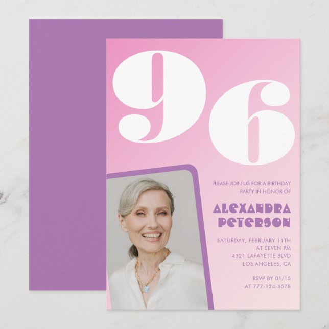 Pink Purple Gradient Photo 96th birthday Invitation (Front/Back)