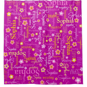 Pink purple graphic flowers text name personalise shower curtain