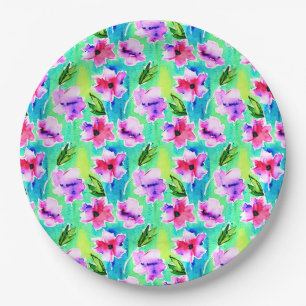 Pink, Purple, Green and Blue Watercolor Flowers Paper Plate
