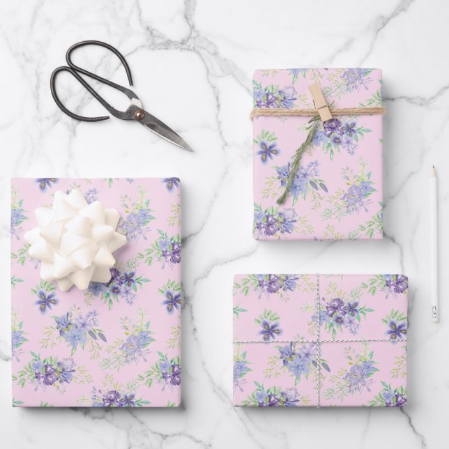 Pink Purple Green Floral Birthday Bridal Shower Wrapping Paper Sheet (Front)