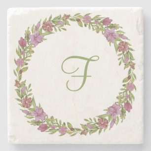 Pink Purple Green Floral Monogram Initial Stone Coaster
