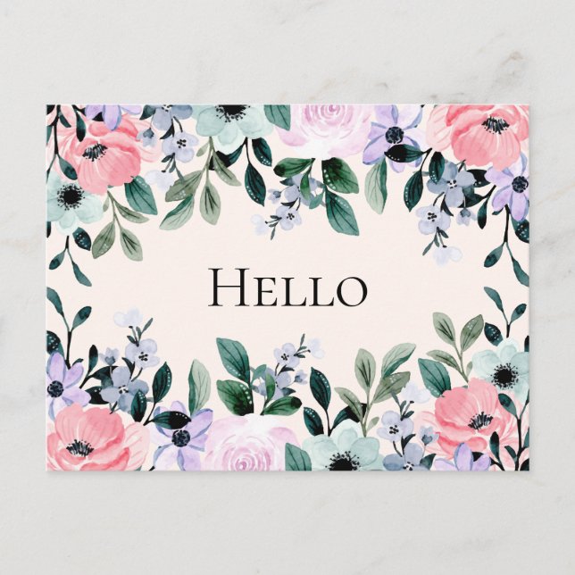 Pink Purple & Green Floral Watercolor Hello Postcard (Front)