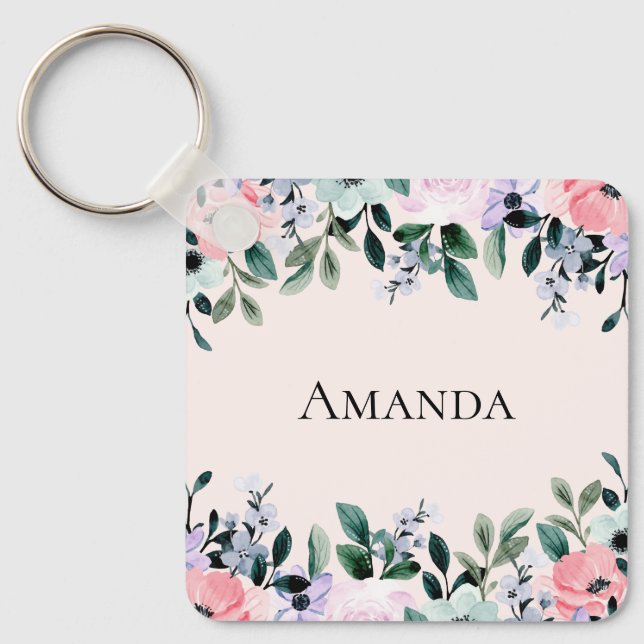 Pink Purple & Green Floral Watercolor Key Ring (Front)