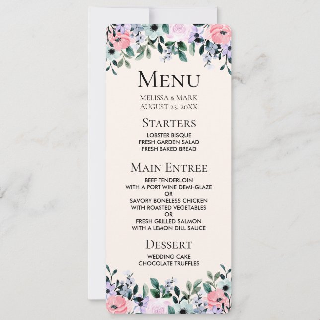 Pink Purple & Green Floral Watercolor Wedding Menu Invitation (Front)