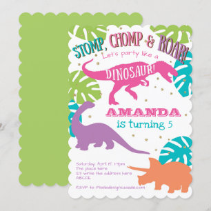 Pink,Purple, Green, Girl, Dinosaur Birthday Party Invitation