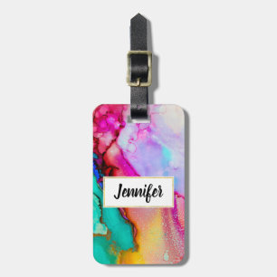 Pink Purple Green Marble Abstract Watercolor Luggage Tag